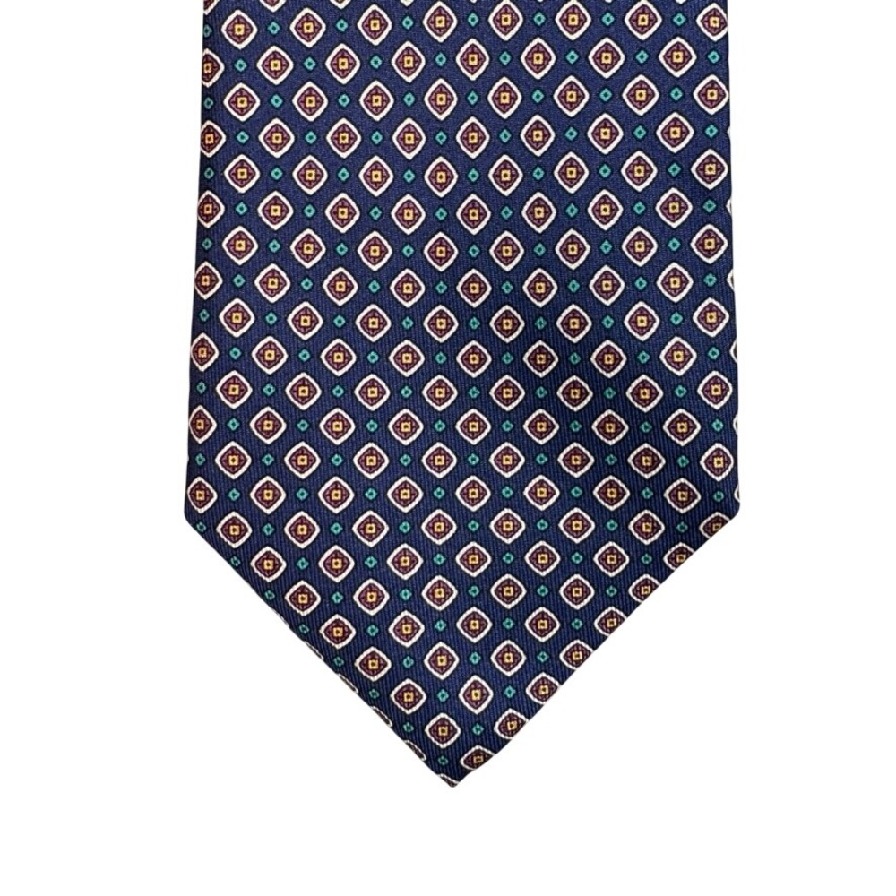 Thatcher Spring Mens Silk Tie Navy Blue Geometric Medallion Made in USA Italy